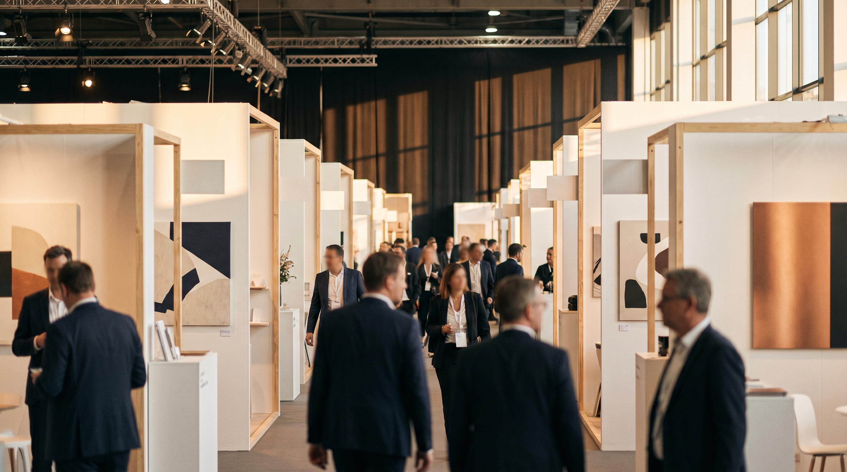 Editorial trade-show floor with rows of clean modern booth pavilions, soft directional rigging light, and attendees in soft focus.